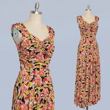 1940s Dress / 40s Sweetheart Novelty Print House Landscape Jersey Gown / Pink Sequins / Sleeveless / Ruching 