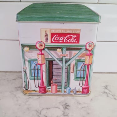 Vintage 1992 Bristol ware Collectible Coca-Cola Tin Canister with Old Gas Station Felix's Filling Stop Art 