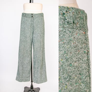 1970s Pants Wool Wide Leg Woven Fleck High Waist Trousers M 