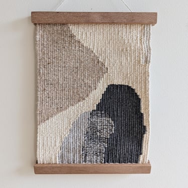 Abstract Wall Weaving / Hanging - Cream, Grey, Brown - Modern Woven Tapestry in Wooden Holder - Handwoven Weave - Textile Art 