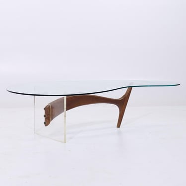Vladimir Kagan Style Mid Century Walnut and Lucite Kidney Shaped Coffee Table - mcm 