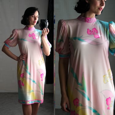 Vintage 60s LEONARD PARIS Silk Pink Floral Sunrise Poof Sleeve Dress | Made in France | 100% Silk Jersey Mikado | 1960s Designer Silk Dress 