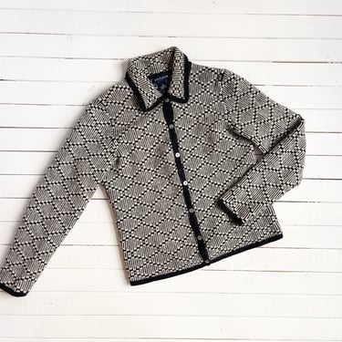 black wool sweater | 90s y2k vintage Ann Taylor geometric pattern soft fuzzy lambswool mini cottagecore white cardigan 