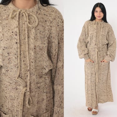 70s Sweater Dress Flecked Wool Cable Knit Maxi Cardigan 1970s Taupe Dolman Sleeve Vintage Retro Boho Winter Dress Belted Small Medium 