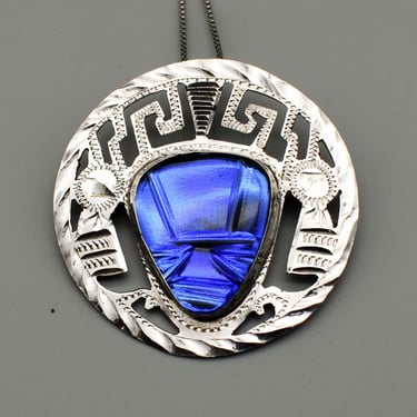 Big 50's GURD 925RE blue obsidian warrior god pendant, Mexico Eagle 4 etched sterling silver carved glass necklace 