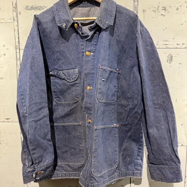 Vintage 70's Dark Denim Chore Jacket Unlined  Men's Size 50 Distressed 