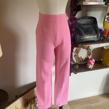 Vintage 60s Bold Mod Hot Pink High Waisted Cigarette Trousers; 70s Bold Embossed Polyester Pants; Vintage 70s Trousers Abstract Print S 