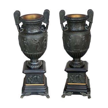 Pair of Bronze &amp; Slate Neoclassical Style Urns