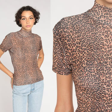 Leopard Print Top Y2K Mock Neck Shirt Animal Print Short Sleeve Blouse Stretch Party Going Out Tee High Neck Fitted Vintage 00s Small Medium 