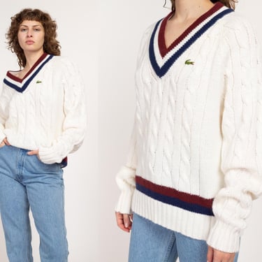 XL-2X 80s Izod Lacoste Cable Knit Tennis Sweater Unisex | Vintage Preppy White Striped V Neck Cricket Pullover 