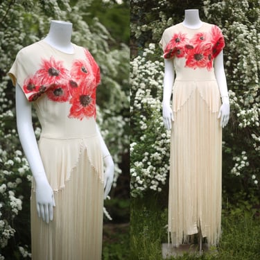 1940s rare hand painted crepe gown with fringe M / vintage 40s WWII cream evening dress floral bridal maxi sz 8 