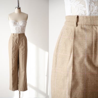 high waisted pants | 90s y2k vintage Land's End tan beige cashmere wool plaid checkered pleated dark academia trousers 