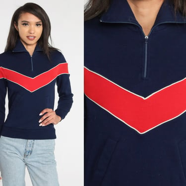 Blue Striped Sweatshirt 80s Quarter Zip Chevron Sweatshirt Navy Red Retro Pullover Normcore Stranger Things Vintage 1980s Extra Small xs 