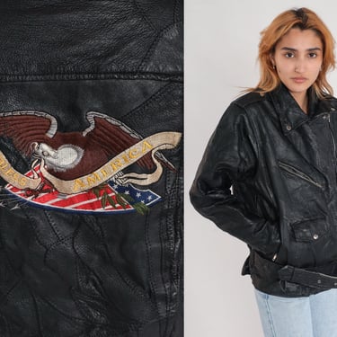 80s Leather Jacket Men's S -- Black Leather Jacket Eagle Patch Motorcycle Vintage American Flag Moto Rocker Jacket 1980s Coat Zip Up Small 