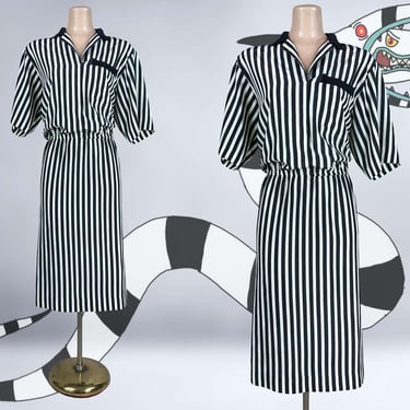 VINTAGE 80s Black and Off-White Striped Dress by Liz Roberts L/XL | 1980s Halloween Beetlejuice Style Dress | VFG 