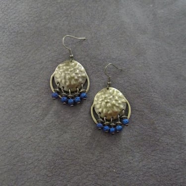 Chandelier earrings, hammered bronze and blue lava rock 