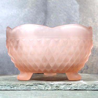 Frosted 3 Footed Pink Bowl | Pink Indiana Glass Candy Bowl | Diamond Point Pattern | Bixley Shop 