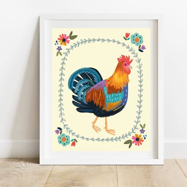 Rooster With Floral Border 8 X 10 Art Print/ Bird and Botanicals Illustration/ Modern Farmhouse Wall Decor/ Cottage Core Kitchen Decor 