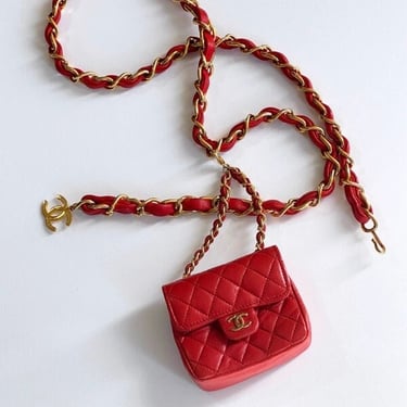 Vintage 90s CHANEL CC Red Quilted Leather Gold Chain Fanny Waist Bum Belt MICRO Mini flap Bag ~ Excellent 