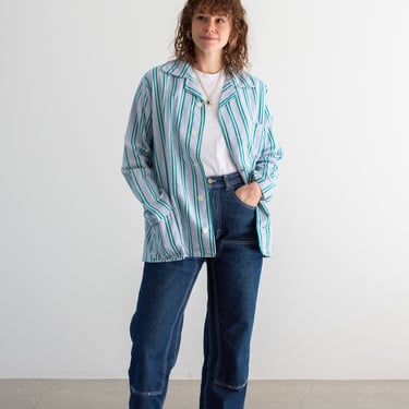 Vintage Blue Green White Striped Shirt Jacket | Unisex Stripe Cotton Pajama Chore Shop | M L | SJ021 