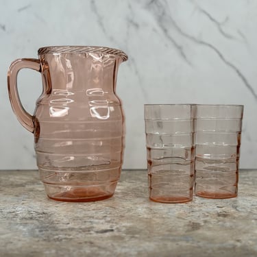 Anchor Hocking Block Optic Pink Glass Pitcher with Rope Edge Design and 2 Iced Tea Glasses 