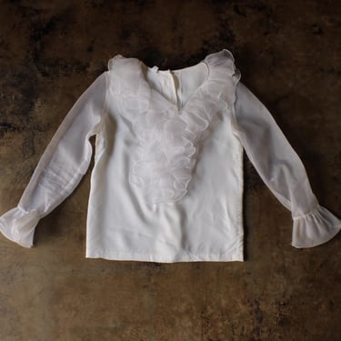 Vintage Ruffled Blouse / White Organza Shirt / 70's Sheer Sleeve Top / Medium 