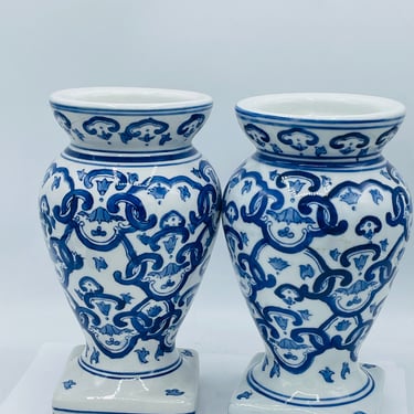Set of (2) Vintage Blue and White Hand painted Pillar  Candle Holders  8.5" tall 