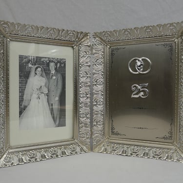 Vintage 25th Anniversary Silvertone Metal Filigree Picture Frame - Double Hinged Holds 5