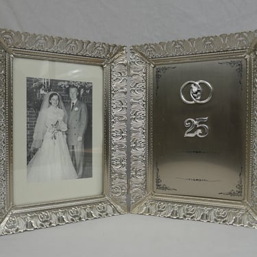 Vintage 25th Anniversary Silvertone Metal Filigree Picture Frame - Double Hinged Holds 5" x 7" Photo - 5x7 Frame w/ Glass - Tabletop or Wall 