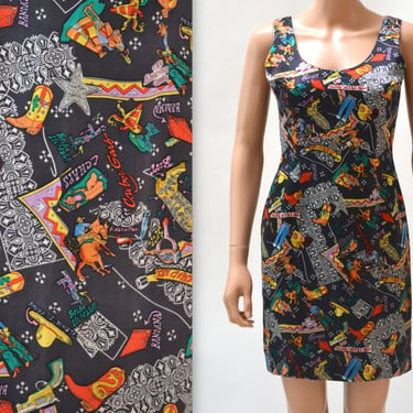 90s Vintage Printed Tank Dress Silk Dress by Nicole Miller Small with Cowgirl Cowboy Western Rodeo Print// 90s Black Silk Sleeveless Dress 