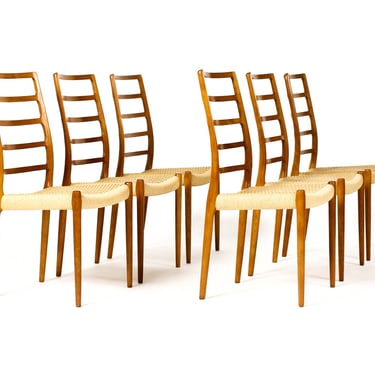 Danish Modern / Mid Century Teak Dining Chairs — JL Moller #82 — Danish Rope Seats — Set of 6 