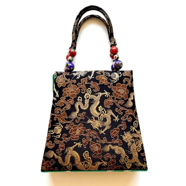 Vintage 90s Asian Silk Brocade Bag 1990s Dragon Top Handle Handbag Black Gold Purse Evening Bag 