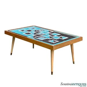 Mid-Century Atomic Mosaic Turquoise Porcelain Tile Top Coffee Table