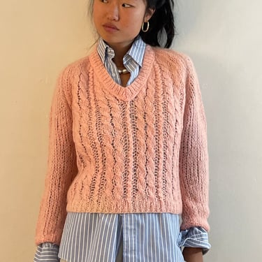 60s handknit mohair sweater / vintage blush pink cropped cable knit hand knit mohair Italian V neck pullover sweater | Small 