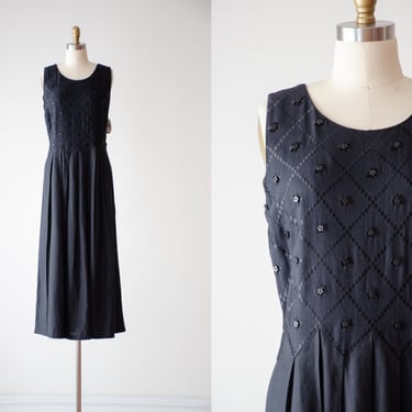 black maxi dress | 90s vintage Sarah Elizabeth minimalist embroidered oversized loose flowy ankle dress 