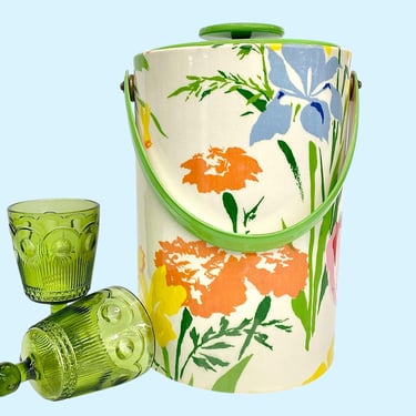 Vintage Ice Bucket Retro 1970s Bohemian + Colorful Floral Pattern + Padded Vinyl + Top Handle + Ice Storage + MCM Barware + Flower Bar Decor 