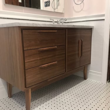 NEW Hand Built Mid Century Style Bathroom Vanity Cabinet - Walnut 3 drawer / double door with straight leg ~ FREE SHIPPING! 