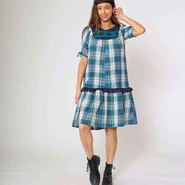 Vintage 80s Plaid Dress Puff Sleeve Tent Shift Blue Green Tartan Tiered Flounce Retro 1980s Cottagecore Midi Checkered Yoke Petite Small S 