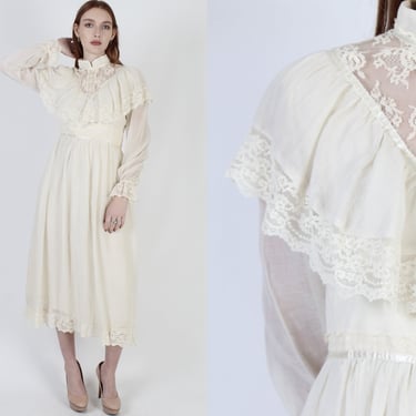 Cream Prairie Wedding Dress / Vintage 70s Sheer Floral Lace Bridal Dress / Simple Ivory Bridesmaids Capelet Tea Maxi Dress 