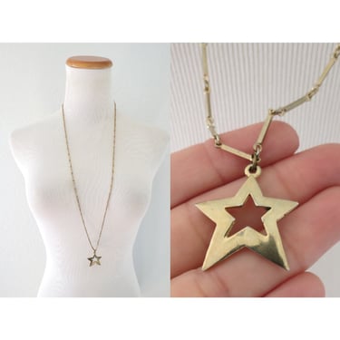 Vintage Star Pendant Necklace - 70s Long Gold Tone Chain Necklace - Costume Jewelry 