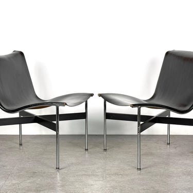 Pair of Mid Century Modern Black Leather Chromed Steel New York Sling Lounge Chairs by Littell Kelly and Katavolos for Laverne International 