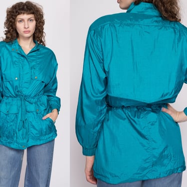 80s Blue Drawstring Waist Windbreaker Jacket Petite Small to Medium | Vintage Lightweight Zip Up Rain Coat 
