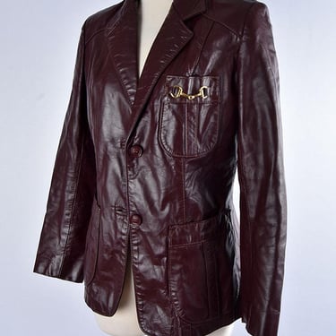 1970's Leather Blazer Jacket Oxblood Maroon Burgundy Vintage Equestrian Hippie Disco Fitted Jacket 