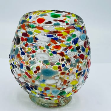 Handmade Blown Mexican Rocks Drinking Glass Multi Colored Confetti Rock- Nice large size 