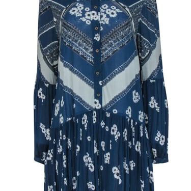 Free People - Navy Floral Printed Button-Front Shift Dress Sz S