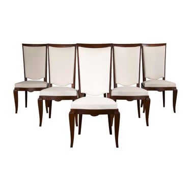 1920s French Art Deco Walnut Dining Chairs W/ Off-White Velvet - Set of 6 