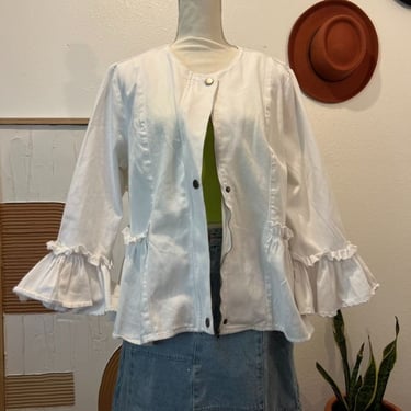 ESY White Cotton Ruffled Zip Up Oversized Summer Jacket 1X 