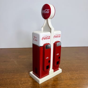 Vintage 1993 Coca Cola Gas Pump Salt and Pepper Shaker Set with Caddy 