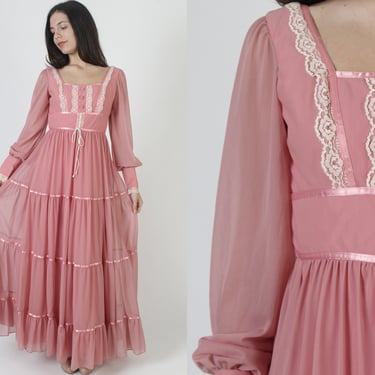70s Plain Pink Boho Wedding Dress / Lace Up Corset Tie Waist / Vintage Cottagecore Style Long Hippie Gown 