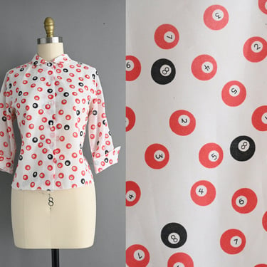 vintage 1960s Rare Billiard Novelty Print Blouse - Medium 